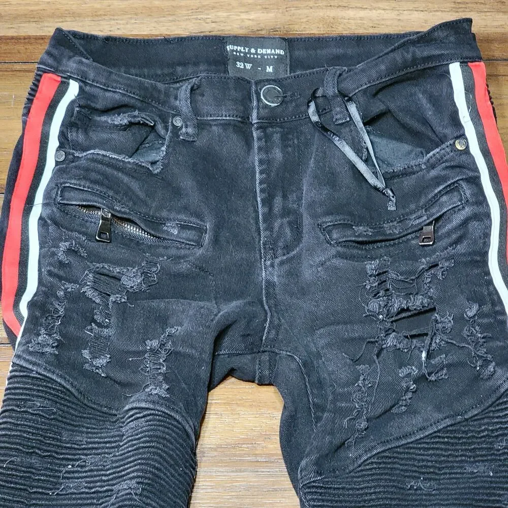 Supply & Demand NYC Black Punk Denim Jeans w/ Side Stripes - Size 32W - M